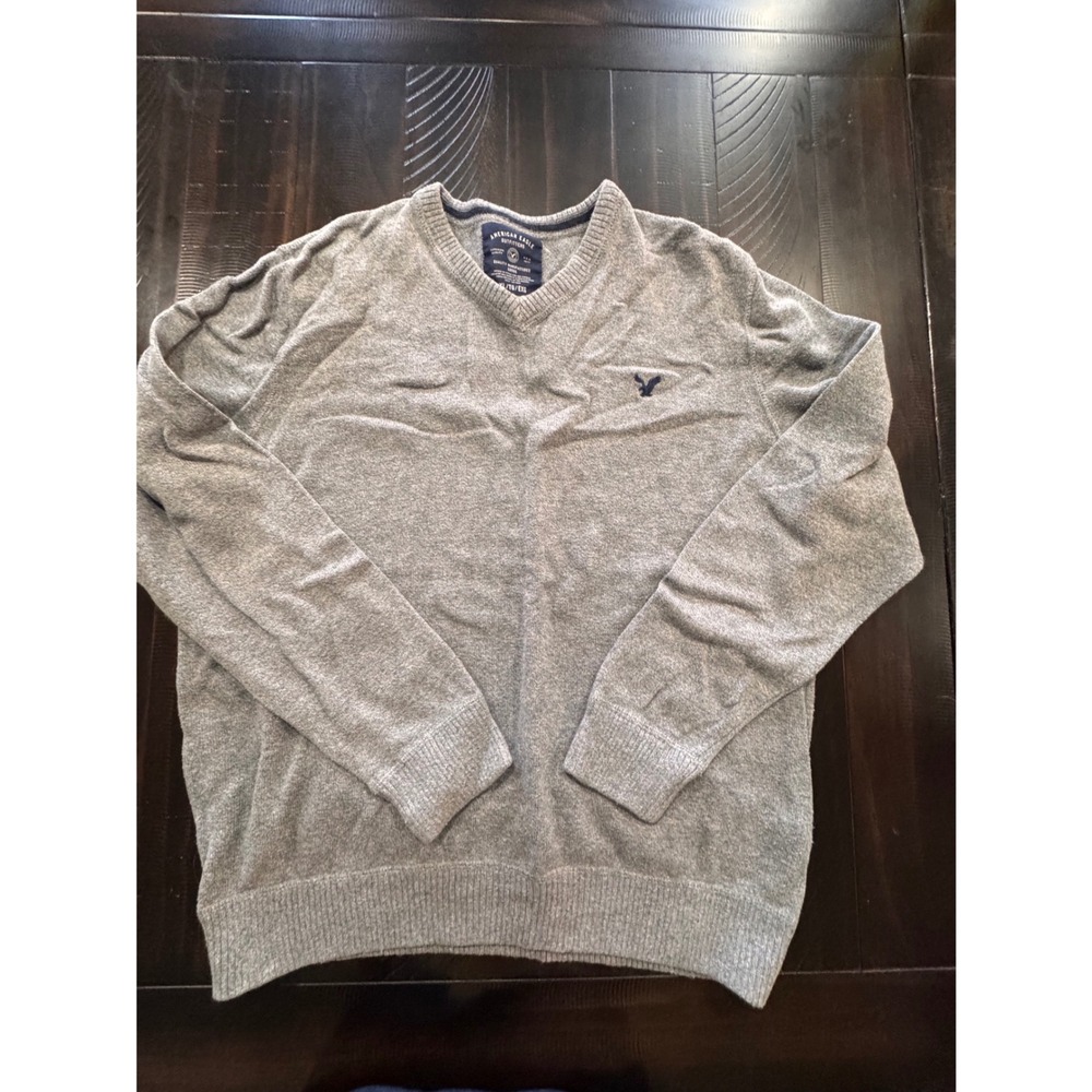 American Eagle Mens XL V-Neck Sweater Heather Gray Eagle Logo Knit Pullover